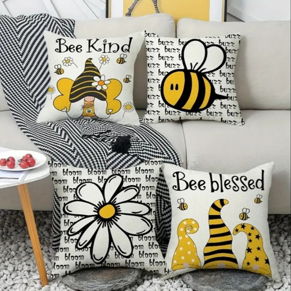 New Home Deco Linen Blend Set of 4 Bee Theme Pillowcases